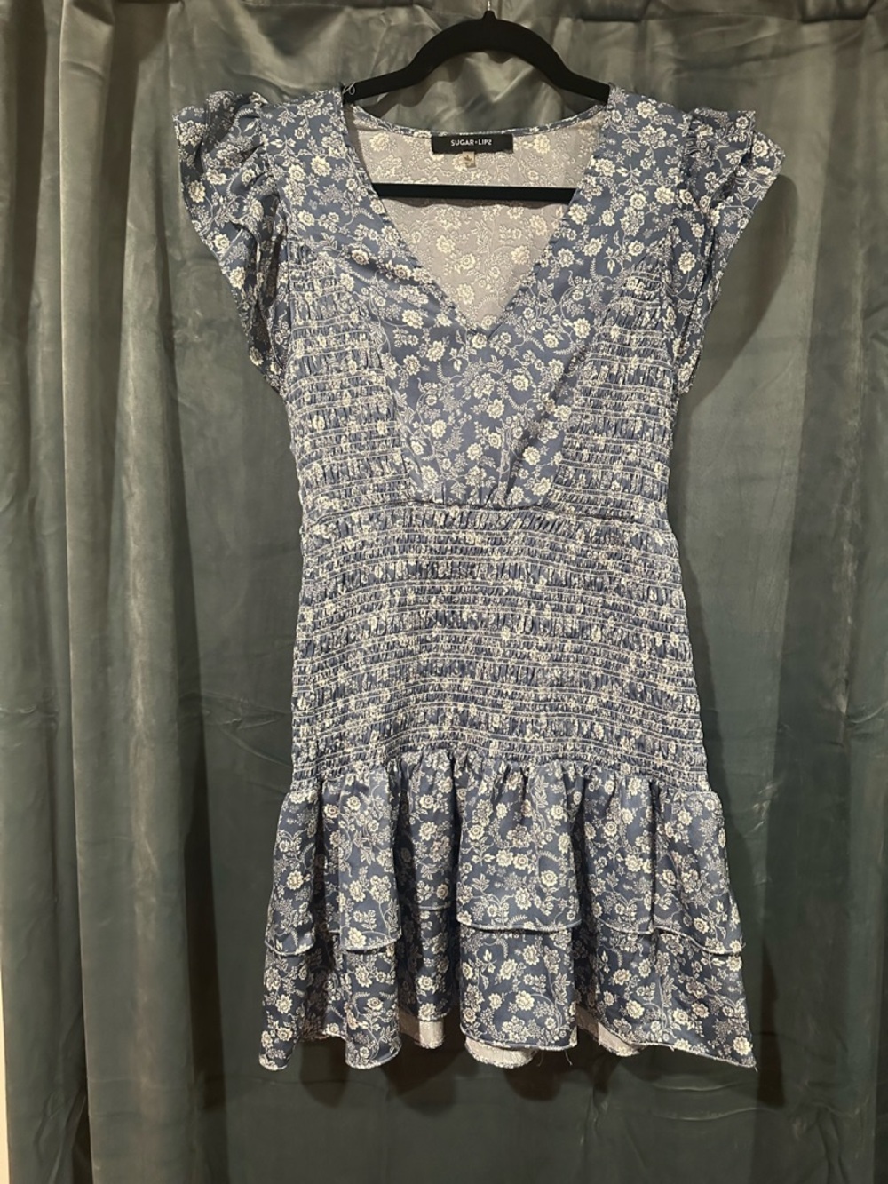 Sugarlips Blue White Floral Smocked Mini Dress